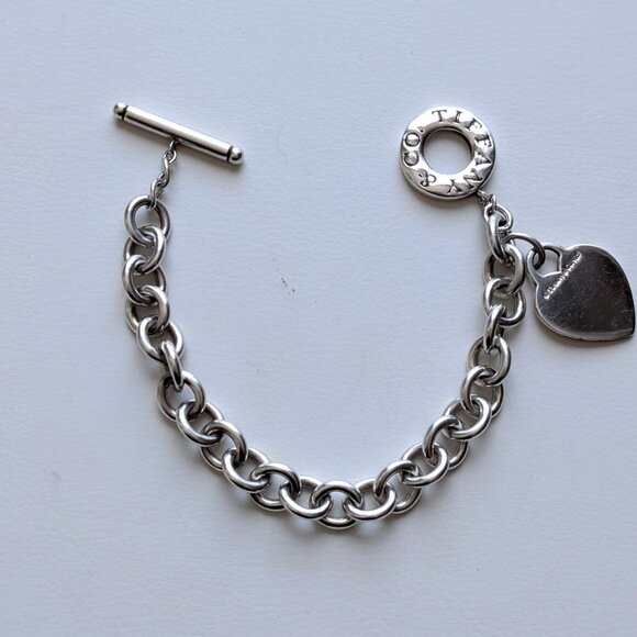 Tiffany & Co. Sterling Silver 925 Blank Heart Tag Toggle Charm Rolo Bracelet P - Picture 5 of 8